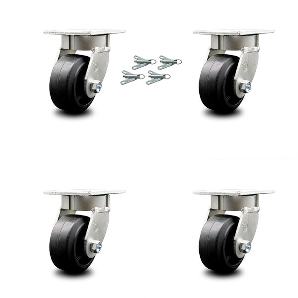 4 Inch Kingpinless Rubber on Steel Wheel Swivel Caster Set with Swivel Lock SCC